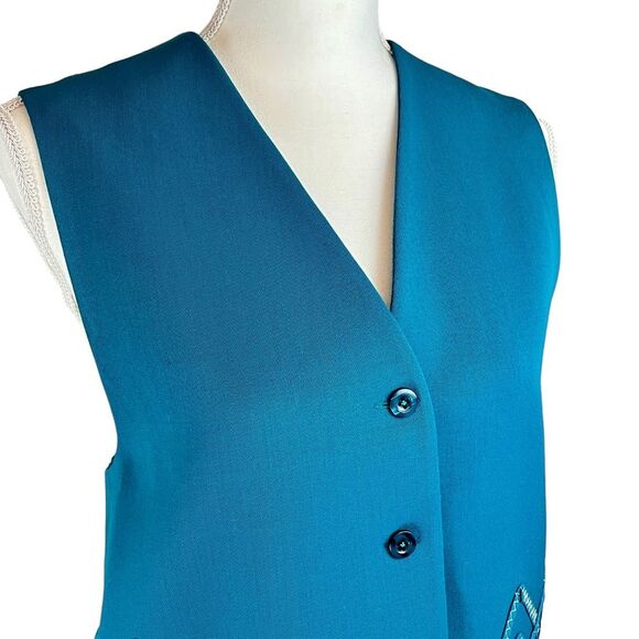 Vintage I B DIFFUSION French Blue Wool Vest Button Front 8 Zig Zag Ribbon - Picture 3 of 9